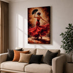 A flamenco dancer captured mid motion wearing a flowing red dress, holding a black fan while turning with dramatic movement, set against a textured warm-toned background with expressive brushwork that emphasizes motion, rhythm, and intensity of Spanish dance culture.