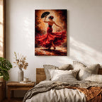 A flamenco dancer captured mid motion wearing a flowing red dress, holding a black fan while turning with dramatic movement, set against a textured warm-toned background with expressive brushwork that emphasizes motion, rhythm, and intensity of Spanish dance culture.