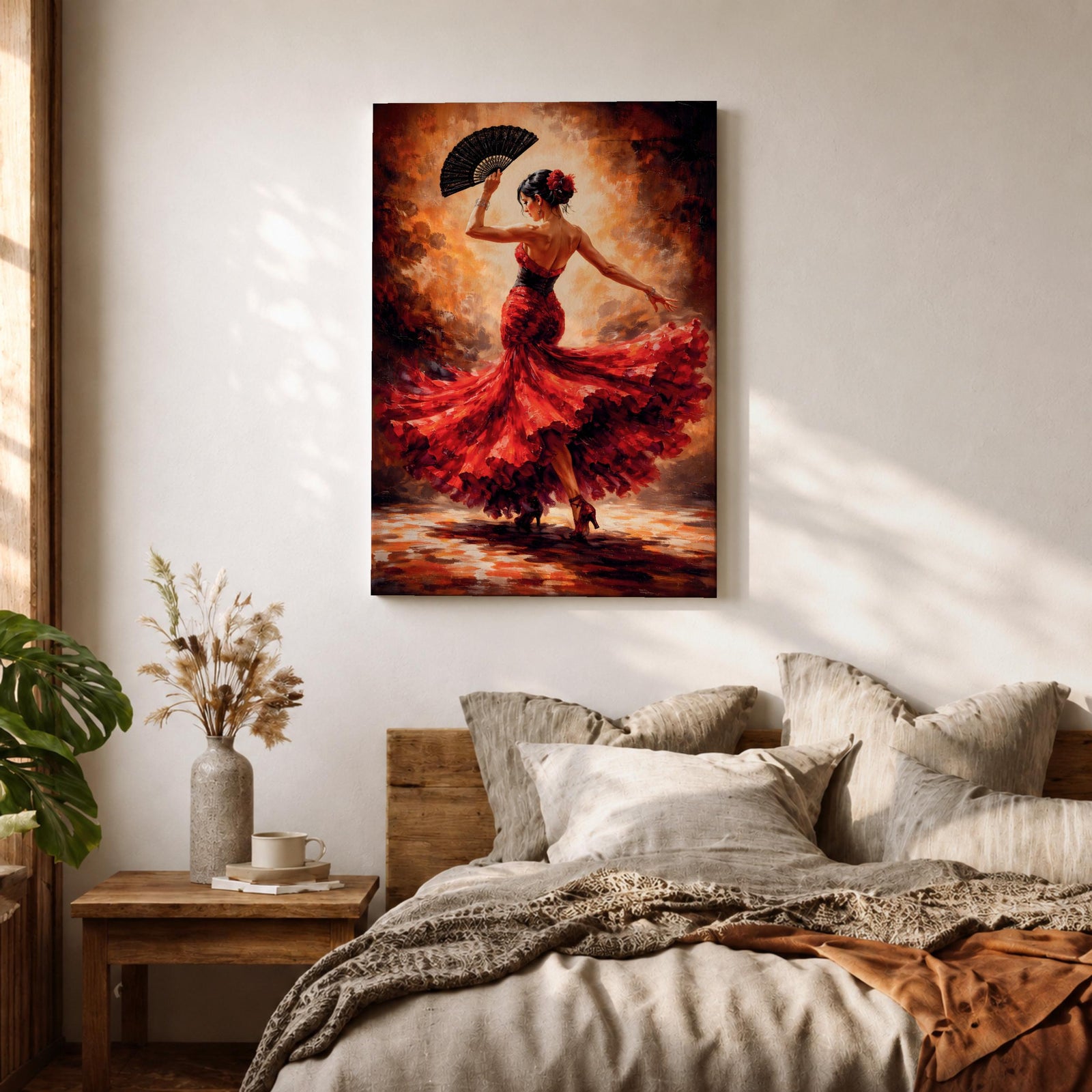 A flamenco dancer captured mid motion wearing a flowing red dress, holding a black fan while turning with dramatic movement, set against a textured warm-toned background with expressive brushwork that emphasizes motion, rhythm, and intensity of Spanish dance culture.
