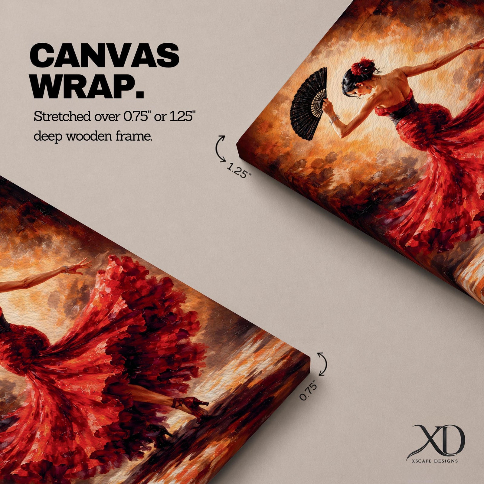 A flamenco dancer captured mid motion wearing a flowing red dress, holding a black fan while turning with dramatic movement, set against a textured warm-toned background with expressive brushwork that emphasizes motion, rhythm, and intensity of Spanish dance culture.