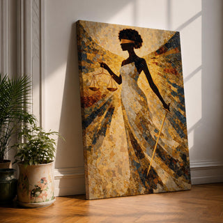 A stylized Lady Justice figure depicted as a Black woman with a natural afro stands blindfolded holding balanced scales and a sword, rendered in intricate golden mosaic textures with radiating geometric patterns that create a sense of motion and symmetry, emphasizing themes of law, balance, and authority in an abstract composition.