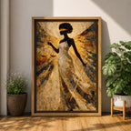 A stylized Lady Justice figure depicted as a Black woman with a natural afro stands blindfolded holding balanced scales and a sword, rendered in intricate golden mosaic textures with radiating geometric patterns that create a sense of motion and symmetry, emphasizing themes of law, balance, and authority in an abstract composition.