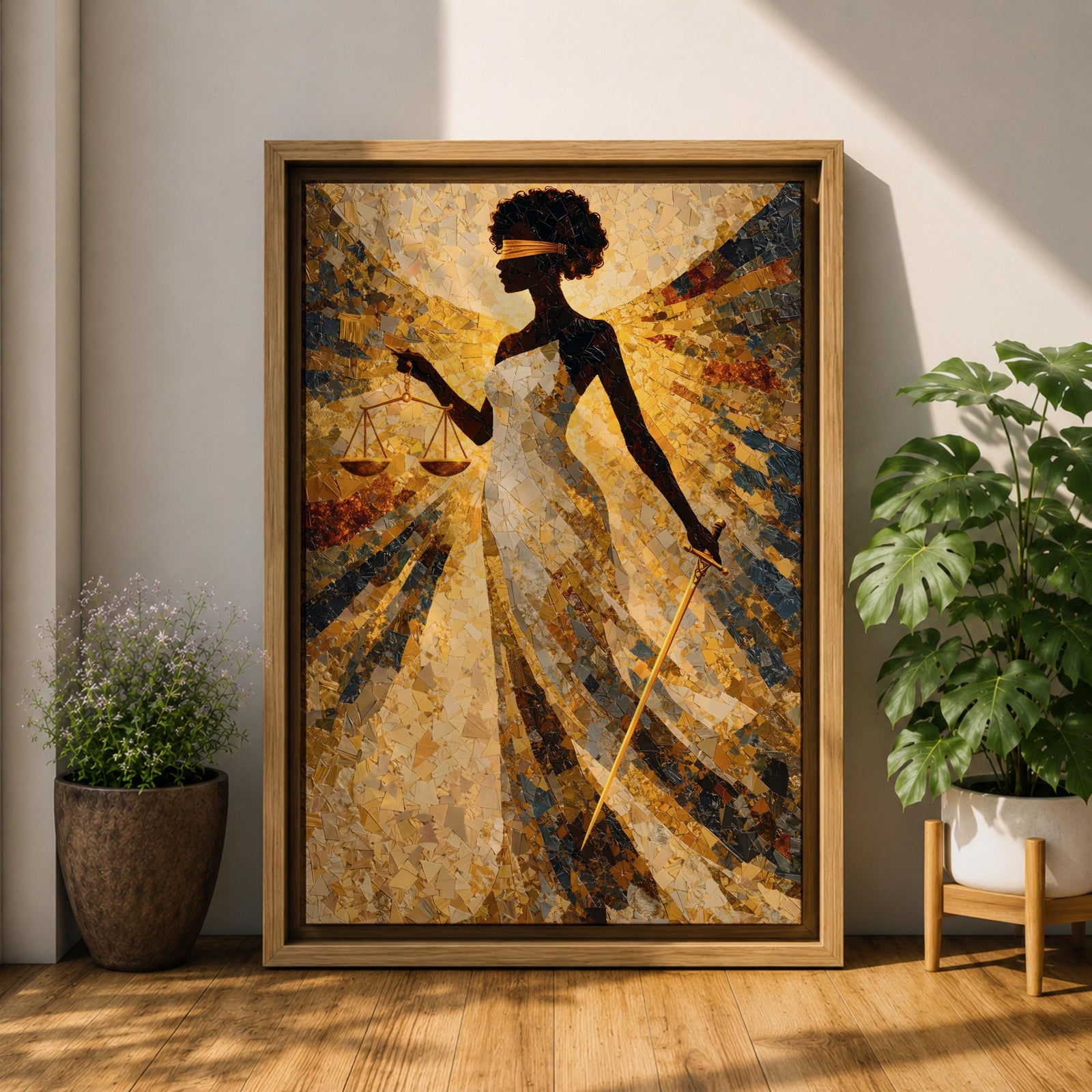 A stylized Lady Justice figure depicted as a Black woman with a natural afro stands blindfolded holding balanced scales and a sword, rendered in intricate golden mosaic textures with radiating geometric patterns that create a sense of motion and symmetry, emphasizing themes of law, balance, and authority in an abstract composition.