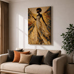 A stylized Lady Justice figure depicted as a Black woman with a natural afro stands blindfolded holding balanced scales and a sword, rendered in intricate golden mosaic textures with radiating geometric patterns that create a sense of motion and symmetry, emphasizing themes of law, balance, and authority in an abstract composition.