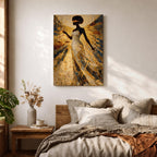 A stylized Lady Justice figure depicted as a Black woman with a natural afro stands blindfolded holding balanced scales and a sword, rendered in intricate golden mosaic textures with radiating geometric patterns that create a sense of motion and symmetry, emphasizing themes of law, balance, and authority in an abstract composition.