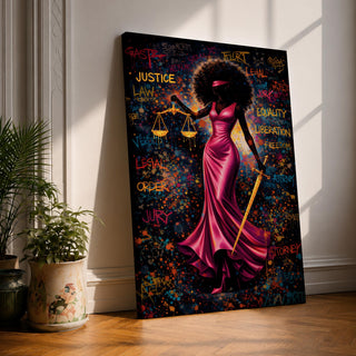 A bold depiction of Lady Justice portrayed as a Black woman with a voluminous afro and blindfold, wearing a flowing magenta dress while holding scales and a sword, set against a vibrant graffiti style background filled with layered words and colorful splashes that create an energetic urban composition emphasizing law and authority.