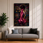 A bold depiction of Lady Justice portrayed as a Black woman with a voluminous afro and blindfold, wearing a flowing magenta dress while holding scales and a sword, set against a vibrant graffiti style background filled with layered words and colorful splashes that create an energetic urban composition emphasizing law and authority.