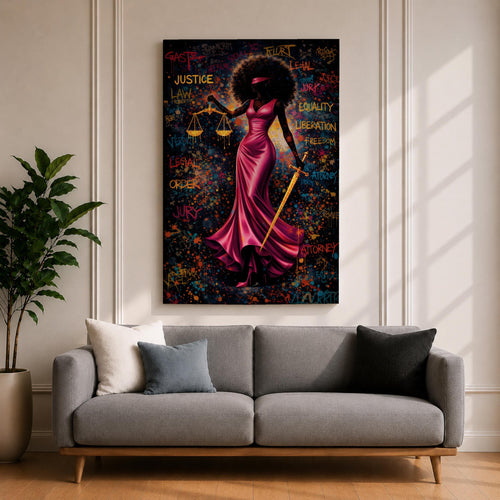A bold depiction of Lady Justice portrayed as a Black woman with a voluminous afro and blindfold, wearing a flowing magenta dress while holding scales and a sword, set against a vibrant graffiti style background filled with layered words and colorful splashes that create an energetic urban composition emphasizing law and authority.