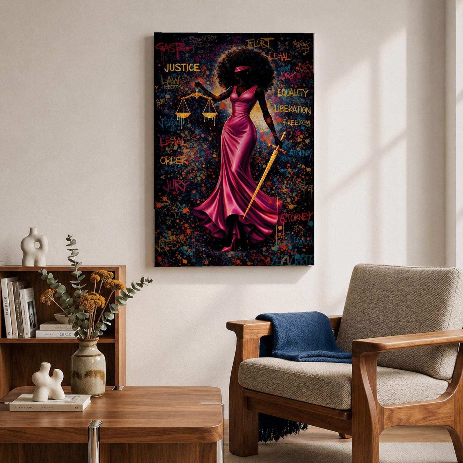A bold depiction of Lady Justice portrayed as a Black woman with a voluminous afro and blindfold, wearing a flowing magenta dress while holding scales and a sword, set against a vibrant graffiti style background filled with layered words and colorful splashes that create an energetic urban composition emphasizing law and authority.