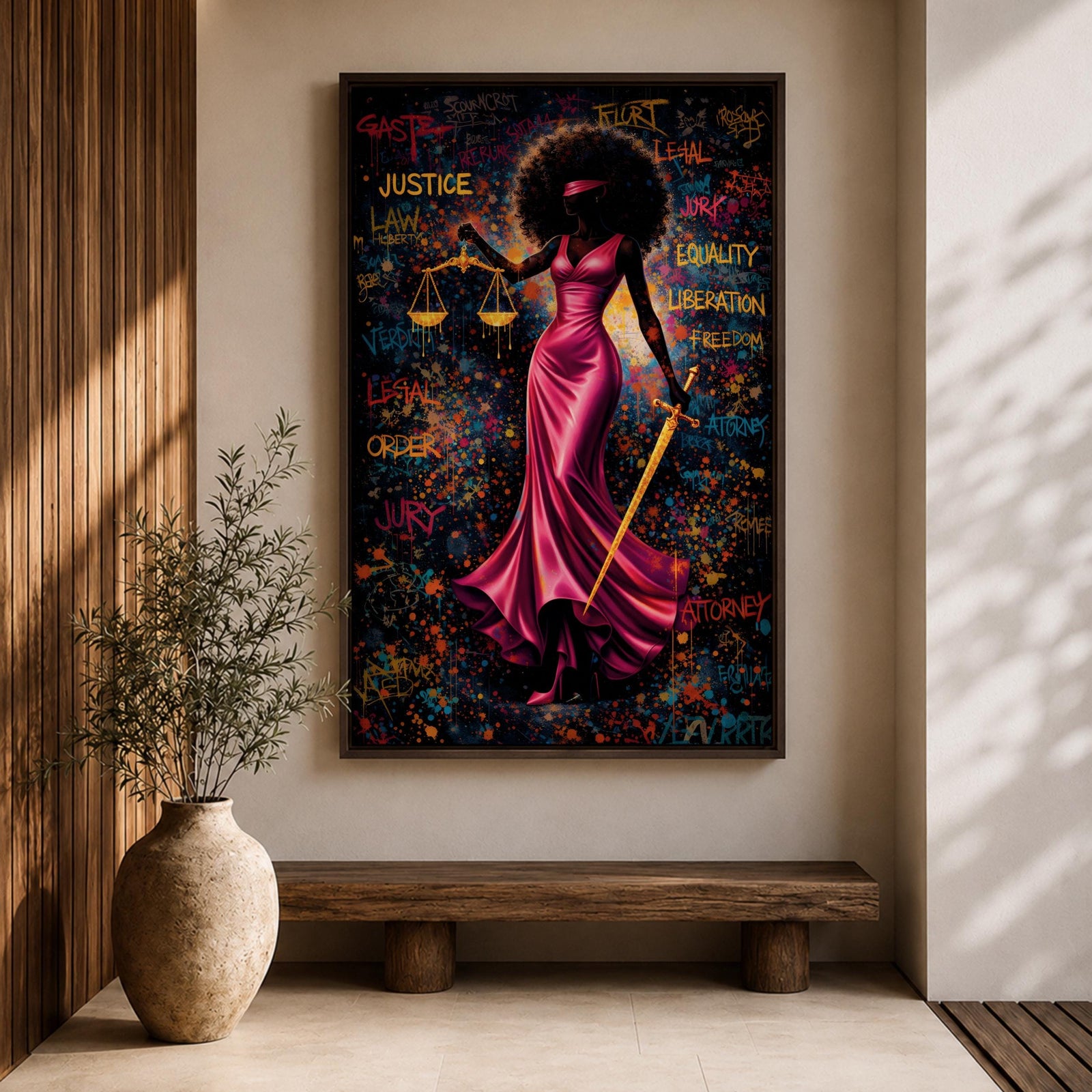 A bold depiction of Lady Justice portrayed as a Black woman with a voluminous afro and blindfold, wearing a flowing magenta dress while holding scales and a sword, set against a vibrant graffiti style background filled with layered words and colorful splashes that create an energetic urban composition emphasizing law and authority.