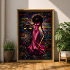 A bold depiction of Lady Justice portrayed as a Black woman with a voluminous afro and blindfold, wearing a flowing magenta dress while holding scales and a sword, set against a vibrant graffiti style background filled with layered words and colorful splashes that create an energetic urban composition emphasizing law and authority.
