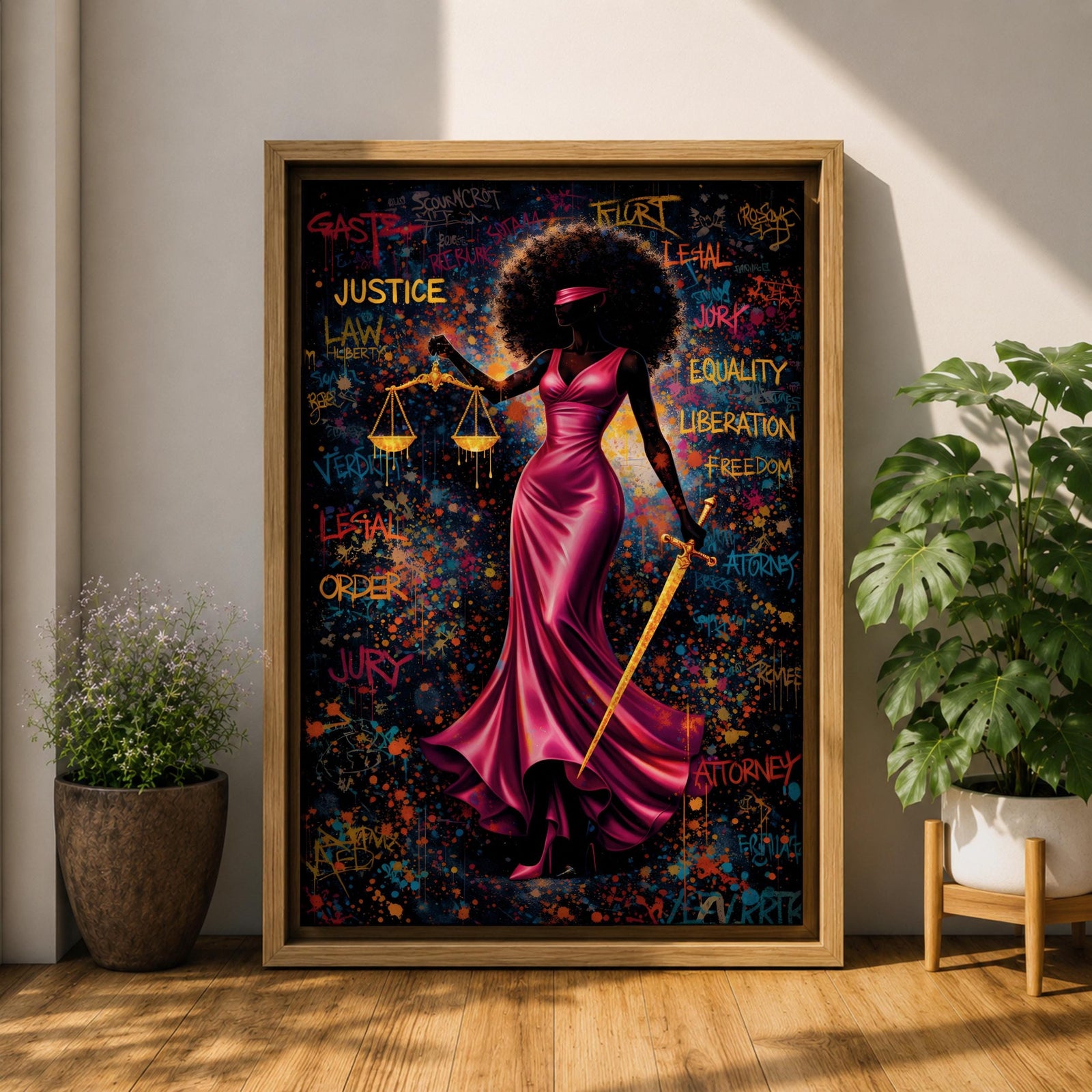 A bold depiction of Lady Justice portrayed as a Black woman with a voluminous afro and blindfold, wearing a flowing magenta dress while holding scales and a sword, set against a vibrant graffiti style background filled with layered words and colorful splashes that create an energetic urban composition emphasizing law and authority.