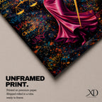 A bold depiction of Lady Justice portrayed as a Black woman with a voluminous afro and blindfold, wearing a flowing magenta dress while holding scales and a sword, set against a vibrant graffiti style background filled with layered words and colorful splashes that create an energetic urban composition emphasizing law and authority.