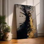 An abstract depiction of Lady Justice emerging from swirling black and gold textures, her blindfolded figure partially dissolving into smoky forms while holding balanced scales in one hand and a sword in the other, with dramatic contrast between dark shadows and metallic gold accents emphasizing motion and symbolism.