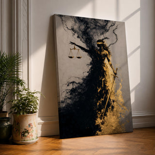 An abstract depiction of Lady Justice emerging from swirling black and gold textures, her blindfolded figure partially dissolving into smoky forms while holding balanced scales in one hand and a sword in the other, with dramatic contrast between dark shadows and metallic gold accents emphasizing motion and symbolism.