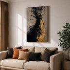 An abstract depiction of Lady Justice emerging from swirling black and gold textures, her blindfolded figure partially dissolving into smoky forms while holding balanced scales in one hand and a sword in the other, with dramatic contrast between dark shadows and metallic gold accents emphasizing motion and symbolism.