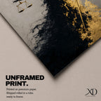 An abstract depiction of Lady Justice emerging from swirling black and gold textures, her blindfolded figure partially dissolving into smoky forms while holding balanced scales in one hand and a sword in the other, with dramatic contrast between dark shadows and metallic gold accents emphasizing motion and symbolism.