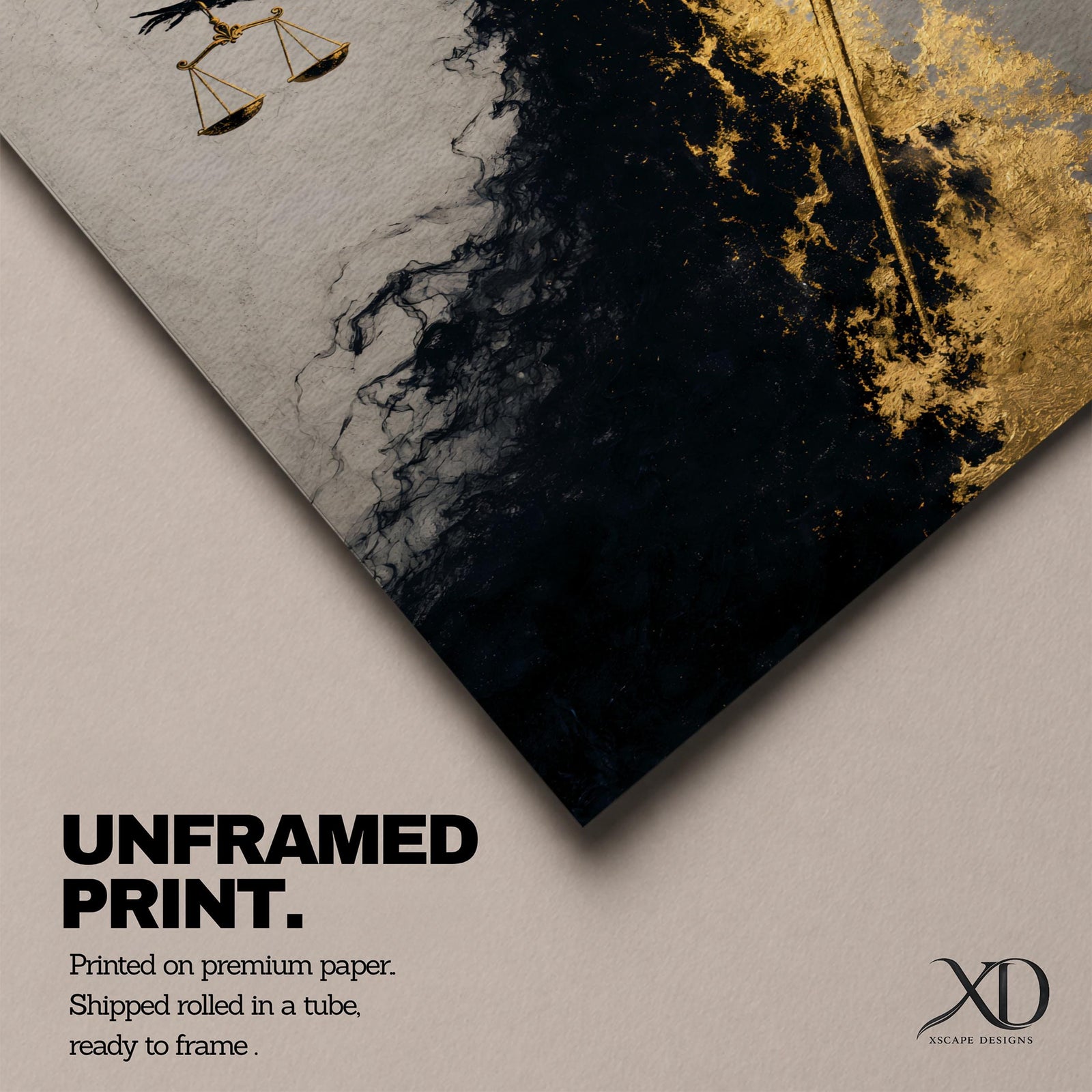 An abstract depiction of Lady Justice emerging from swirling black and gold textures, her blindfolded figure partially dissolving into smoky forms while holding balanced scales in one hand and a sword in the other, with dramatic contrast between dark shadows and metallic gold accents emphasizing motion and symbolism.