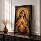 A richly textured impasto painting depicting the Sacred Heart of Mary, showing a woman with a golden halo and blue veil holding a glowing heart encircled by thorns and topped with a cross, rendered with thick brushstrokes emphasizing light and depth in a religious style.