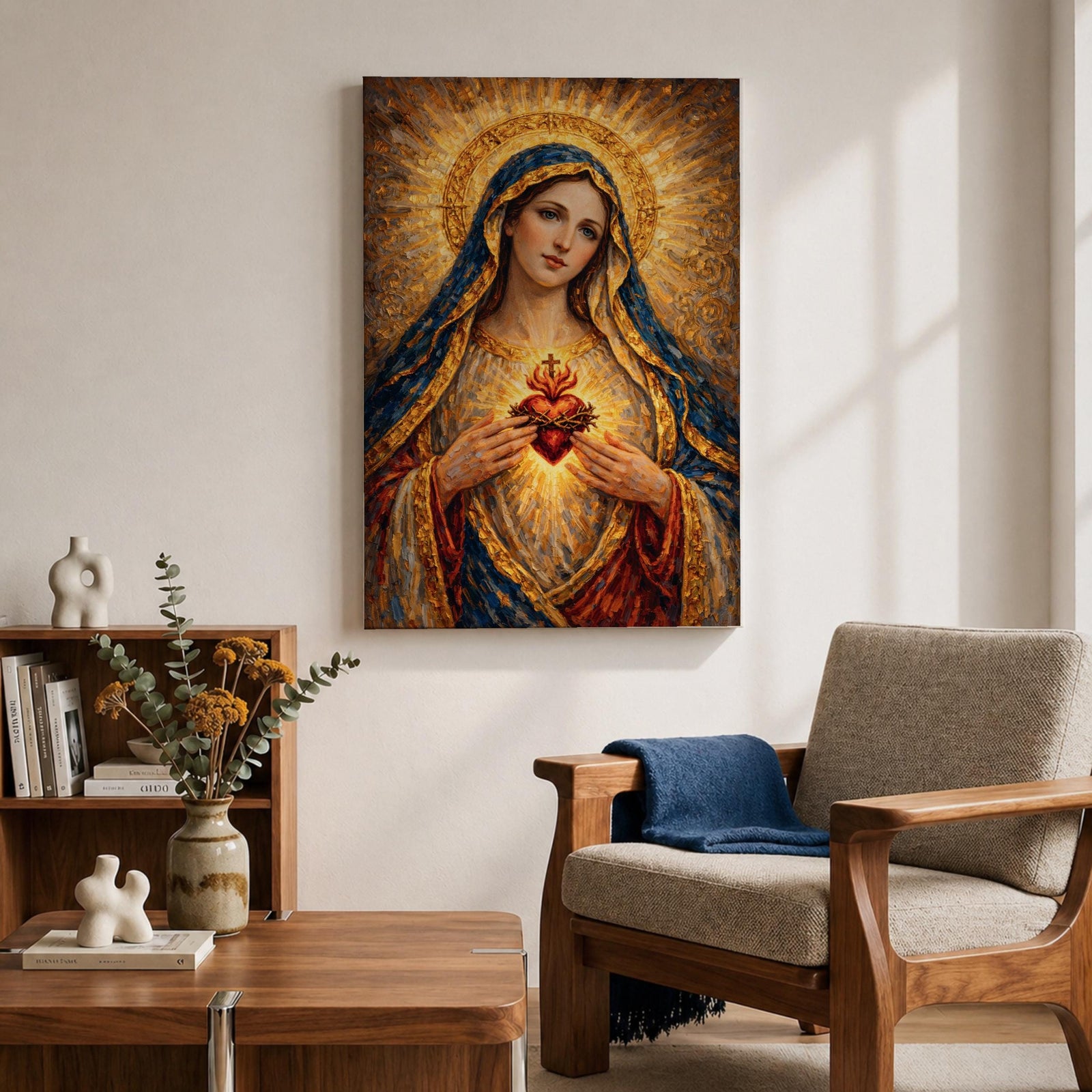 A richly textured impasto painting depicting the Sacred Heart of Mary, showing a woman with a golden halo and blue veil holding a glowing heart encircled by thorns and topped with a cross, rendered with thick brushstrokes emphasizing light and depth in a religious style.