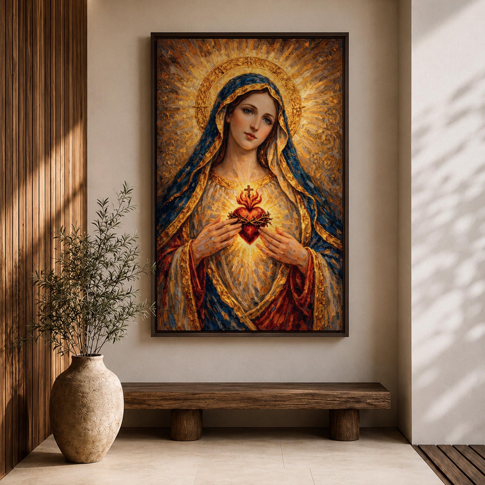 A richly textured impasto painting depicting the Sacred Heart of Mary, showing a woman with a golden halo and blue veil holding a glowing heart encircled by thorns and topped with a cross, rendered with thick brushstrokes emphasizing light and depth in a religious style.