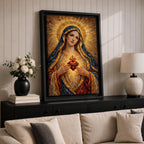 A richly textured impasto painting depicting the Sacred Heart of Mary, showing a woman with a golden halo and blue veil holding a glowing heart encircled by thorns and topped with a cross, rendered with thick brushstrokes emphasizing light and depth in a religious style.