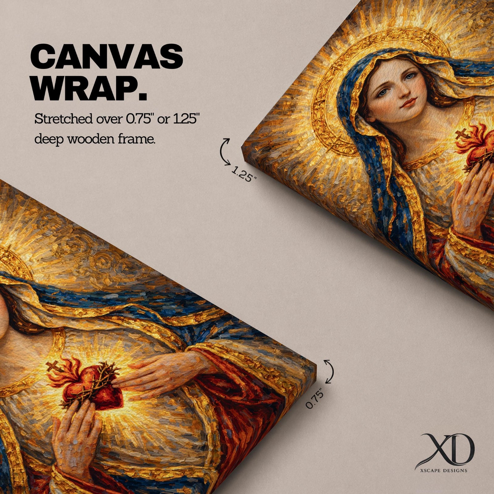 A richly textured impasto painting depicting the Sacred Heart of Mary, showing a woman with a golden halo and blue veil holding a glowing heart encircled by thorns and topped with a cross, rendered with thick brushstrokes emphasizing light and depth in a religious style.