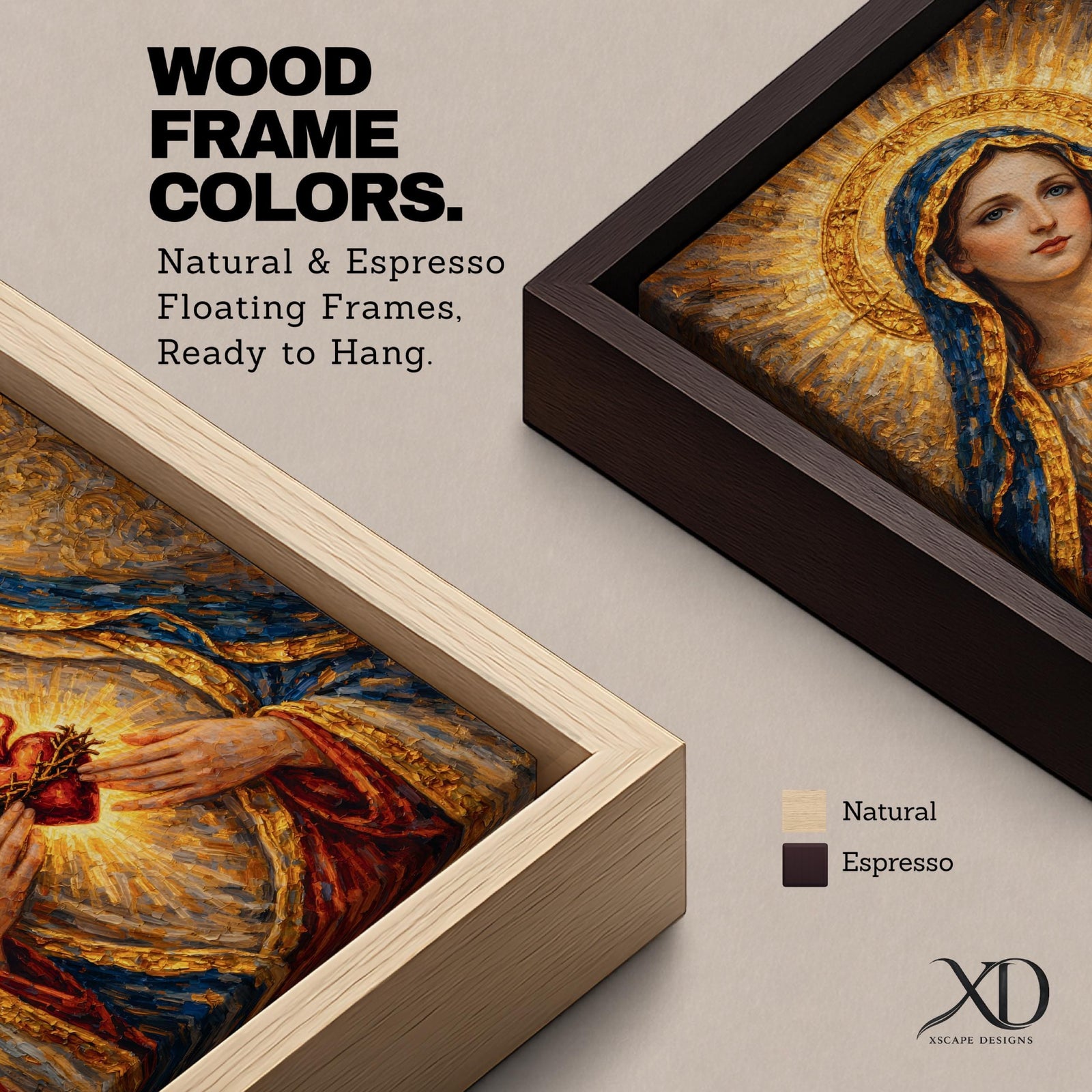 A richly textured impasto painting depicting the Sacred Heart of Mary, showing a woman with a golden halo and blue veil holding a glowing heart encircled by thorns and topped with a cross, rendered with thick brushstrokes emphasizing light and depth in a religious style.