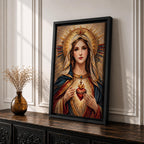 A detailed mosaic-style artwork depicting the Sacred Heart of Mary, featuring a woman with a serene expression, a glowing heart encircled by thorns and a cross, and radiant golden halo rays behind her head, rendered in warm tones with intricate tile-like textures.