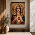 A detailed mosaic-style artwork depicting the Sacred Heart of Mary, featuring a woman with a serene expression, a glowing heart encircled by thorns and a cross, and radiant golden halo rays behind her head, rendered in warm tones with intricate tile-like textures.