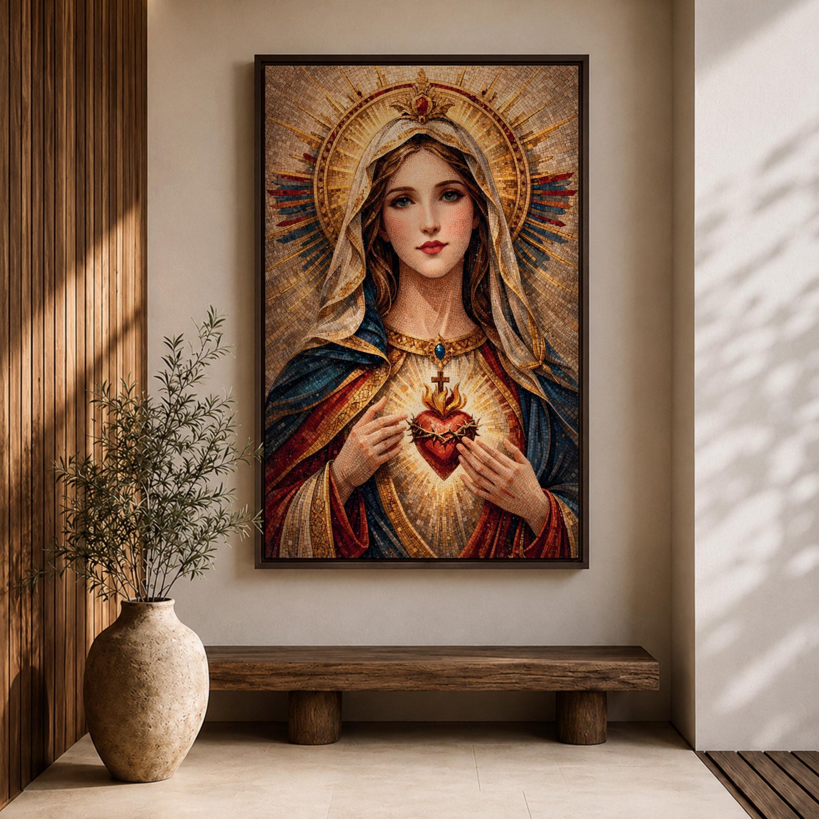 A detailed mosaic-style artwork depicting the Sacred Heart of Mary, featuring a woman with a serene expression, a glowing heart encircled by thorns and a cross, and radiant golden halo rays behind her head, rendered in warm tones with intricate tile-like textures.