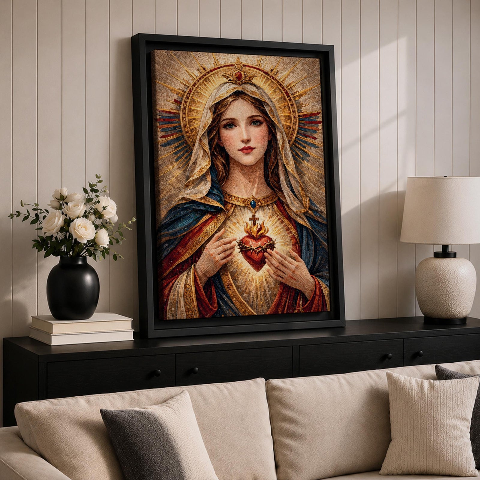 A detailed mosaic-style artwork depicting the Sacred Heart of Mary, featuring a woman with a serene expression, a glowing heart encircled by thorns and a cross, and radiant golden halo rays behind her head, rendered in warm tones with intricate tile-like textures.