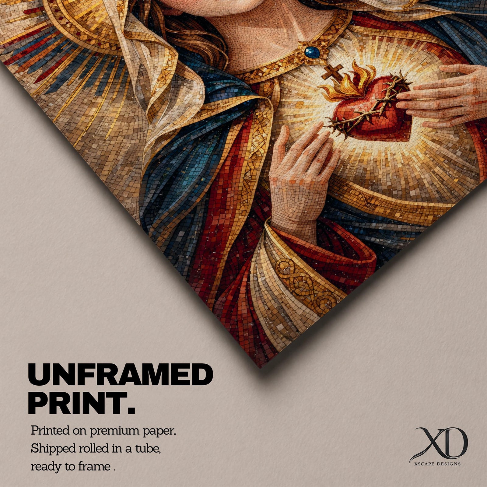 A detailed mosaic-style artwork depicting the Sacred Heart of Mary, featuring a woman with a serene expression, a glowing heart encircled by thorns and a cross, and radiant golden halo rays behind her head, rendered in warm tones with intricate tile-like textures.
