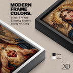 A detailed mosaic-style artwork depicting the Sacred Heart of Mary, featuring a woman with a serene expression, a glowing heart encircled by thorns and a cross, and radiant golden halo rays behind her head, rendered in warm tones with intricate tile-like textures.