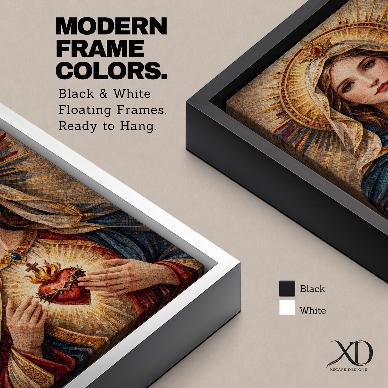 A detailed mosaic-style artwork depicting the Sacred Heart of Mary, featuring a woman with a serene expression, a glowing heart encircled by thorns and a cross, and radiant golden halo rays behind her head, rendered in warm tones with intricate tile-like textures.