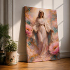 A framed canvas painting depicting the Immaculate Conception showing the Virgin Mary standing with open arms surrounded by soft pink flowers and golden accents, rendered in a realistic style with delicate flowing robes and a serene expression.