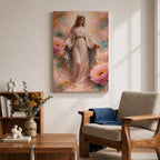 A framed canvas painting depicting the Immaculate Conception showing the Virgin Mary standing with open arms surrounded by soft pink flowers and golden accents, rendered in a realistic style with delicate flowing robes and a serene expression.