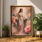 A framed canvas painting depicting the Immaculate Conception showing the Virgin Mary standing with open arms surrounded by soft pink flowers and golden accents, rendered in a realistic style with delicate flowing robes and a serene expression.