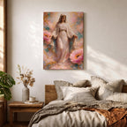 A framed canvas painting depicting the Immaculate Conception showing the Virgin Mary standing with open arms surrounded by soft pink flowers and golden accents, rendered in a realistic style with delicate flowing robes and a serene expression.