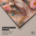 A framed canvas painting depicting the Immaculate Conception showing the Virgin Mary standing with open arms surrounded by soft pink flowers and golden accents, rendered in a realistic style with delicate flowing robes and a serene expression.
