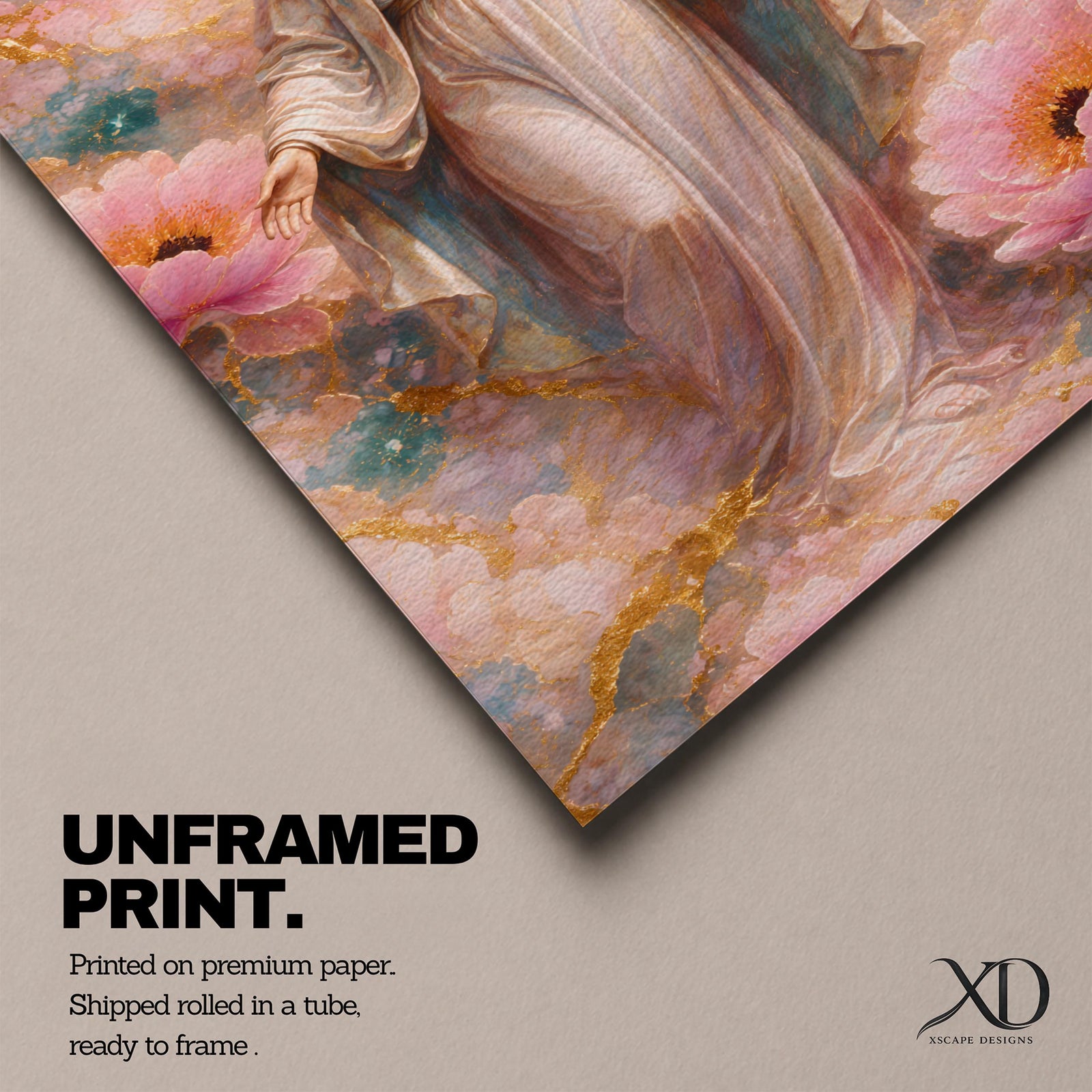 A framed canvas painting depicting the Immaculate Conception showing the Virgin Mary standing with open arms surrounded by soft pink flowers and golden accents, rendered in a realistic style with delicate flowing robes and a serene expression.