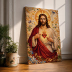 A detailed mosaic-style artwork depicting the Sacred Heart of Jesus with a glowing heart encircled by thorns and a cross above it. Jesus is shown with long hair and a beard, wearing a red and white robe, surrounded by floral and butterfly motifs in a radiant golden background.