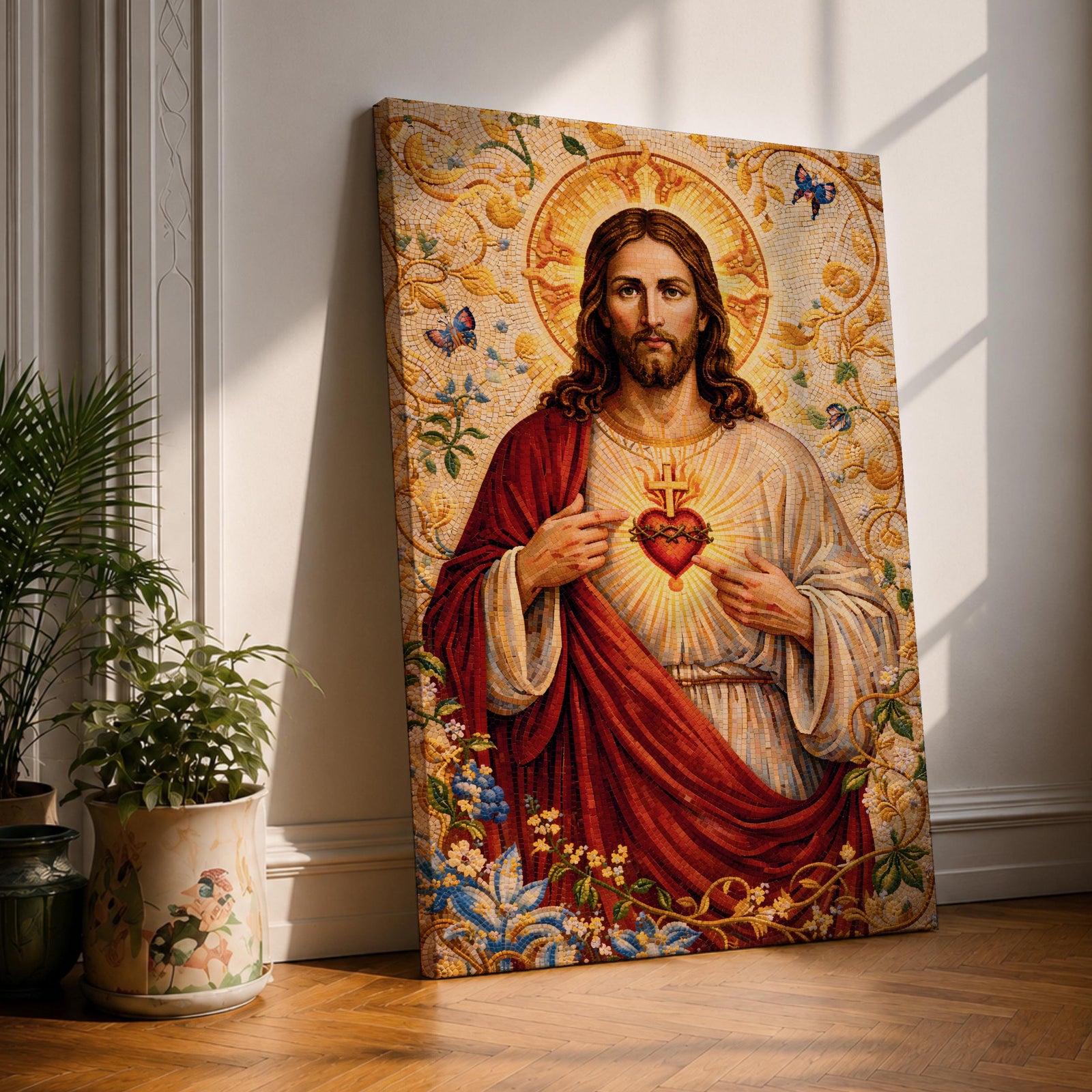 A detailed mosaic-style artwork depicting the Sacred Heart of Jesus with a glowing heart encircled by thorns and a cross above it. Jesus is shown with long hair and a beard, wearing a red and white robe, surrounded by floral and butterfly motifs in a radiant golden background.