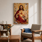 A detailed mosaic-style artwork depicting the Sacred Heart of Jesus with a glowing heart encircled by thorns and a cross above it. Jesus is shown with long hair and a beard, wearing a red and white robe, surrounded by floral and butterfly motifs in a radiant golden background.