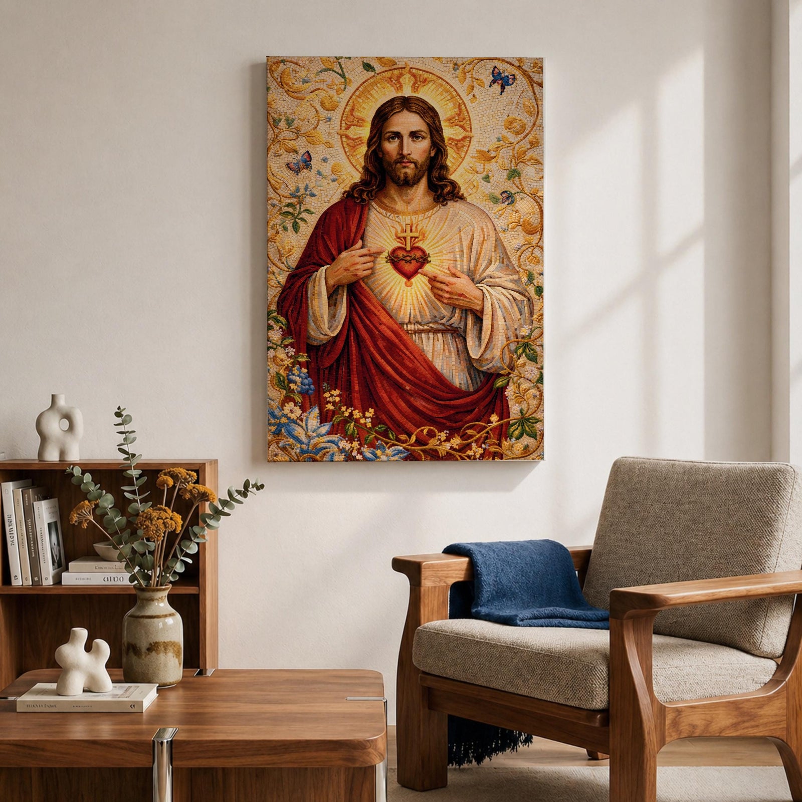 A detailed mosaic-style artwork depicting the Sacred Heart of Jesus with a glowing heart encircled by thorns and a cross above it. Jesus is shown with long hair and a beard, wearing a red and white robe, surrounded by floral and butterfly motifs in a radiant golden background.