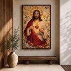 A detailed mosaic-style artwork depicting the Sacred Heart of Jesus with a glowing heart encircled by thorns and a cross above it. Jesus is shown with long hair and a beard, wearing a red and white robe, surrounded by floral and butterfly motifs in a radiant golden background.