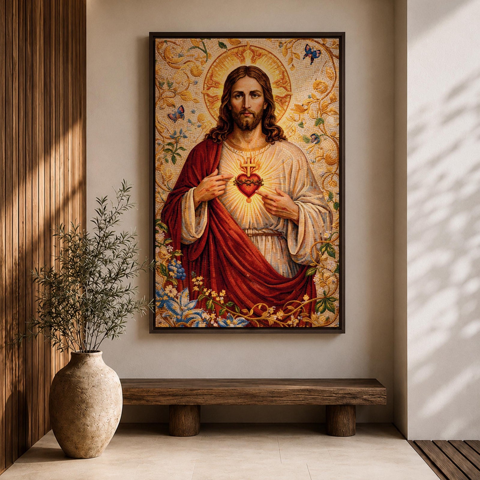 A detailed mosaic-style artwork depicting the Sacred Heart of Jesus with a glowing heart encircled by thorns and a cross above it. Jesus is shown with long hair and a beard, wearing a red and white robe, surrounded by floral and butterfly motifs in a radiant golden background.