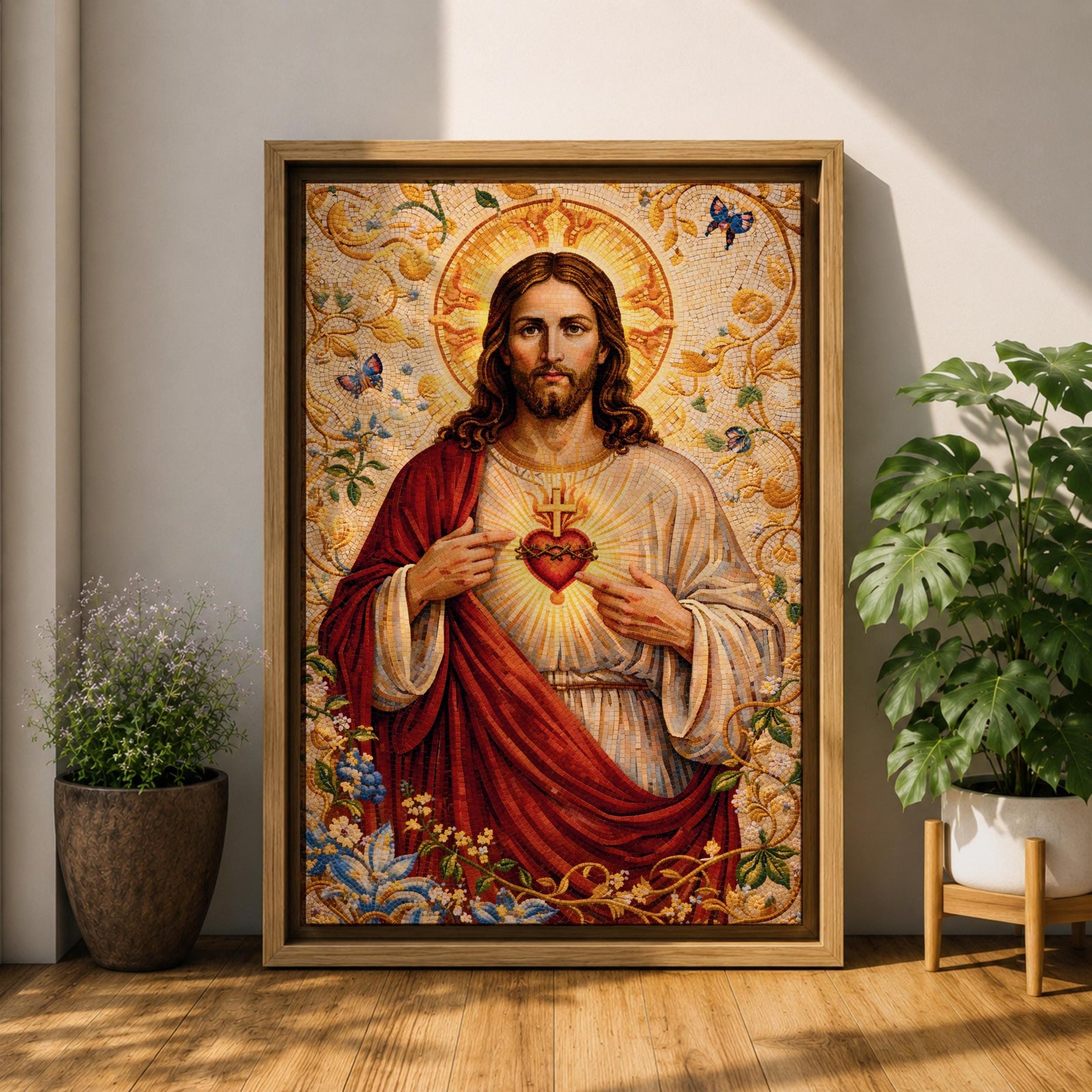 A detailed mosaic-style artwork depicting the Sacred Heart of Jesus with a glowing heart encircled by thorns and a cross above it. Jesus is shown with long hair and a beard, wearing a red and white robe, surrounded by floral and butterfly motifs in a radiant golden background.