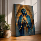 A detailed stained glass style depiction of Our Lady of Guadalupe with hands clasped in prayer, surrounded by radiant golden light and geometric patterns, framed in gold, blending traditional religious iconography with modern digital mosaic effects.