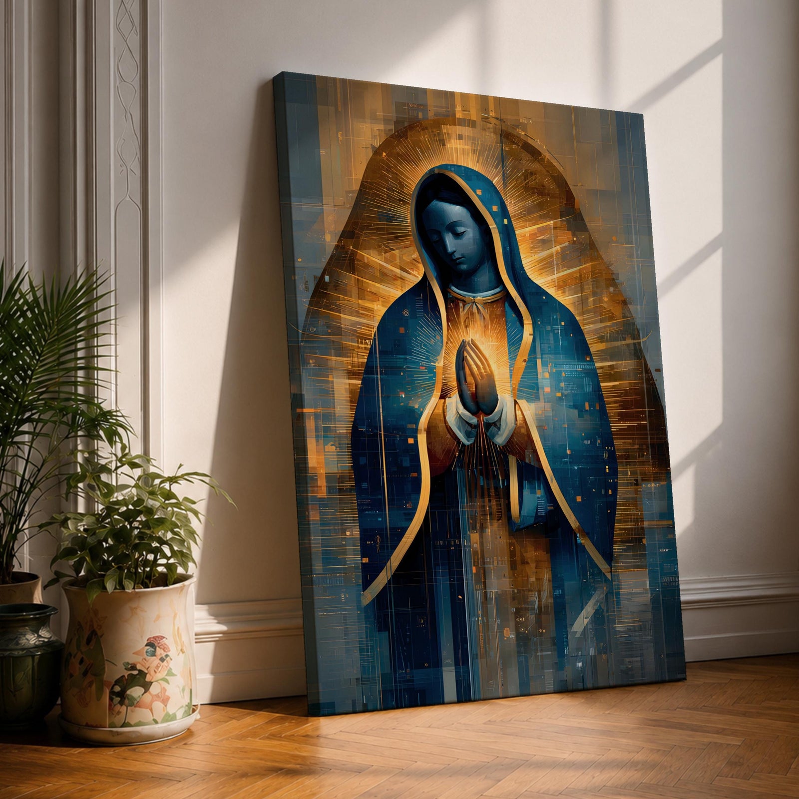A detailed stained glass style depiction of Our Lady of Guadalupe with hands clasped in prayer, surrounded by radiant golden light and geometric patterns, framed in gold, blending traditional religious iconography with modern digital mosaic effects.